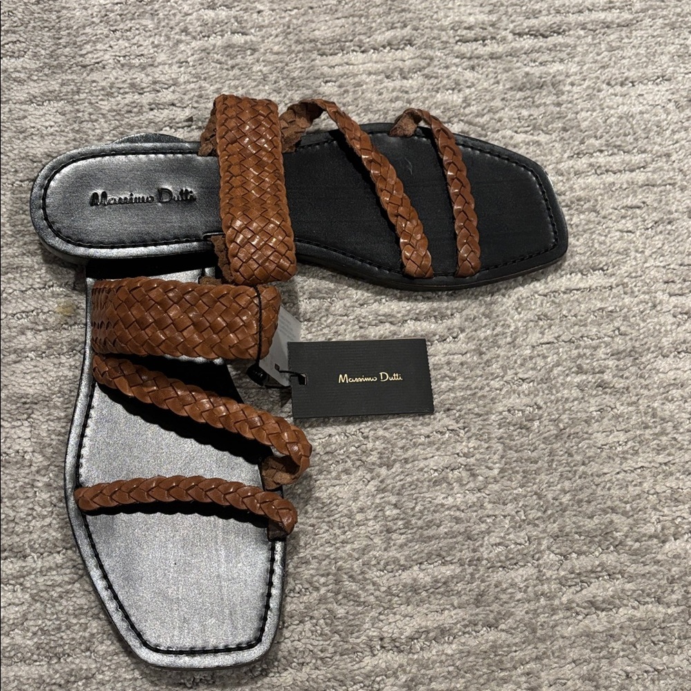 Massimo Dutti Braided Leather Slide Sandals - Brown and Black size 9